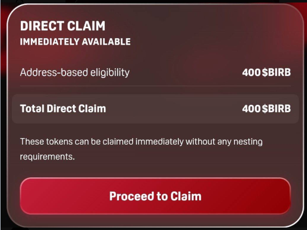 $BIRB 领取已开启 🕊️
Nesting 2.0 = 锁仓 + 博弈开始。
慢的人追高，
聪明的人现在就动。

唯一官方链接：
🔗 claim.moonsbirds.com

#BIRB #空投 #加密货币