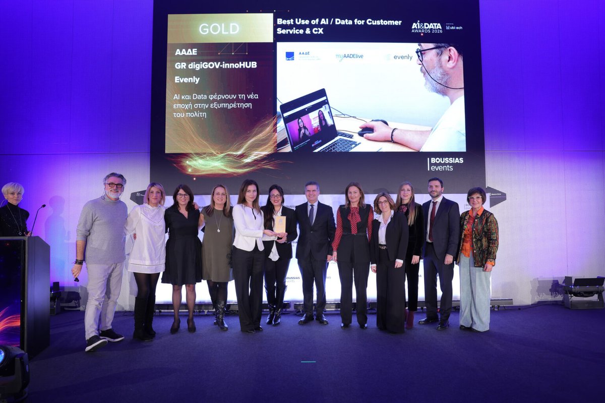 digiGOVinnoHUB's tweet photo. 🏆AI &amp; Data Awards 2026

Η τεχνολογική λύση της #Evenly, που εφαρμόστηκε πιλοτικά στο πλαίσιο του Κόμβου #GRdigiGOVinnoHUB, με στόχο τη συμπερίληψη και την ισότιμη πρόσβαση όλων των πολιτών σε ψηφιακές υπηρεσίες της @AADE_IAPR διακρίθηκε με gold award🥳

👉https://t.co/mfiwTEflo5 https://t.co/EdHe1Vw1q7