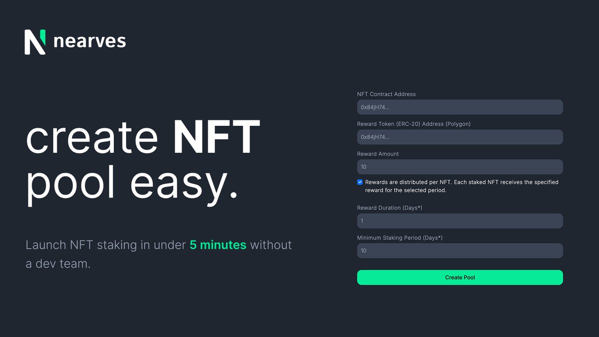 TimNearves's tweet image. Our No-Code builder will allow any founder to set up costomized reward pools in just a few clicks. 

We are creating a comprehensive NFT Staking platform that will save projects months of development and thousands of dollars in audit costs.

#NFTStaking #Web3 #Polygon