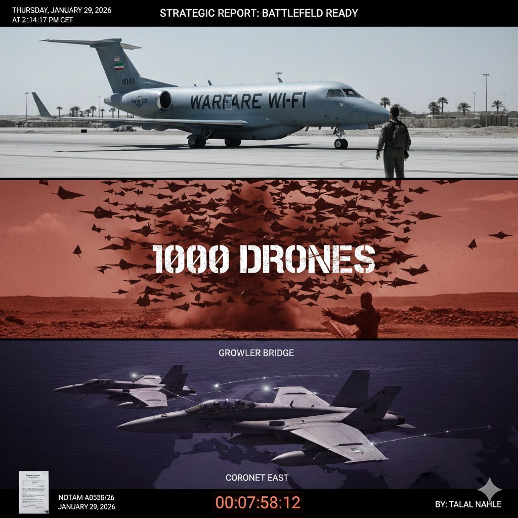 Create a feature image for this article:

Strategic Report: Battlefield Ready
"Warfare Wi-Fi" (E-11A) Reaches Saudi Arabia to Link "Invaders," While Iran Readies "One Thousand Suicide Drones." - Talal Nahle

Updated Strategic Report (Thursday Noon - January 29)
Based on the