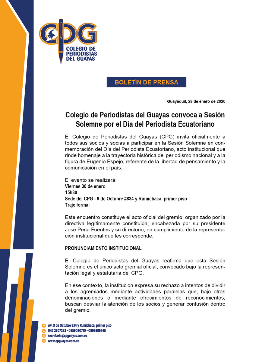 CPGuayas's tweet photo. Hacemos un llamado firme a respaldar este acto institucional, que no solo conmemora una fecha histórica para el periodismo ecuatoriano, sino que también fortalece la cohesión gremial en un momento en que la profesión enfrenta importantes desafíos éticos, sociales y democráticos. https://t.co/nY2Eb9Xogx