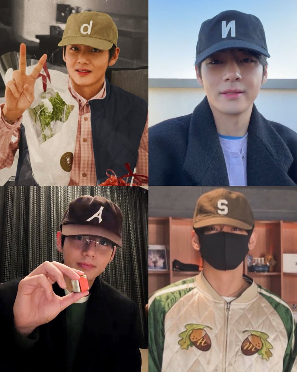 Taehyungimpact's tweet image. Taehyung collecting every alphabet/letter on his caps 😭