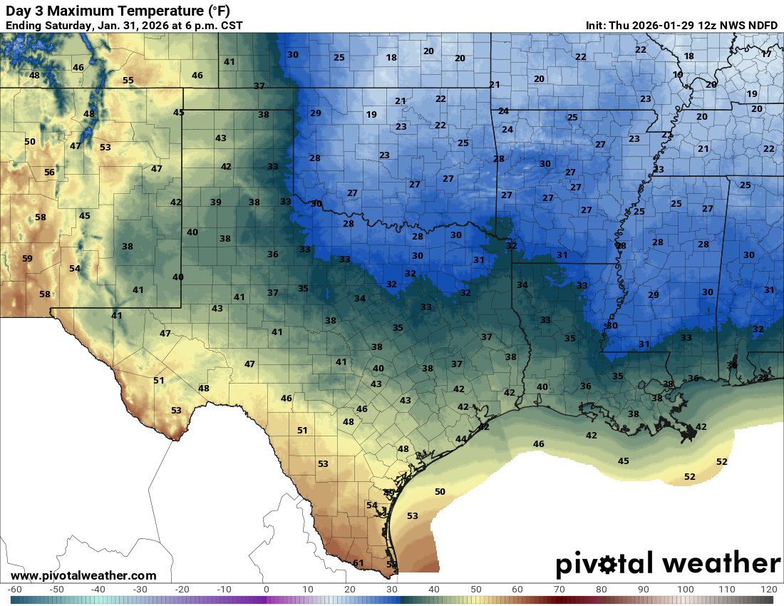Another big arctic blast will occur tomorrow, with wind chills Saturday morning nearing the single digits.

Saturdays high will remain below 32 for people north of I-20, and temps will drop into the teens Saturday night.

It will be brief however, and we warm into the 50's Sunday