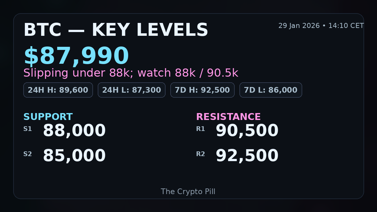 🚨BTC slipping: now ~87.99k. 
Levels → S: 88.0k / 85.0k - R: 90.5k / 92.5k.
24h 87.3k–89.6k;
7D 86.0k–92.5k.
A quick reclaim of 88k would neutralize pressure; lose 85k and the risk extends. Your plan? ⚡

⚠️ Not financial advice.

#Bitcoin #BTC