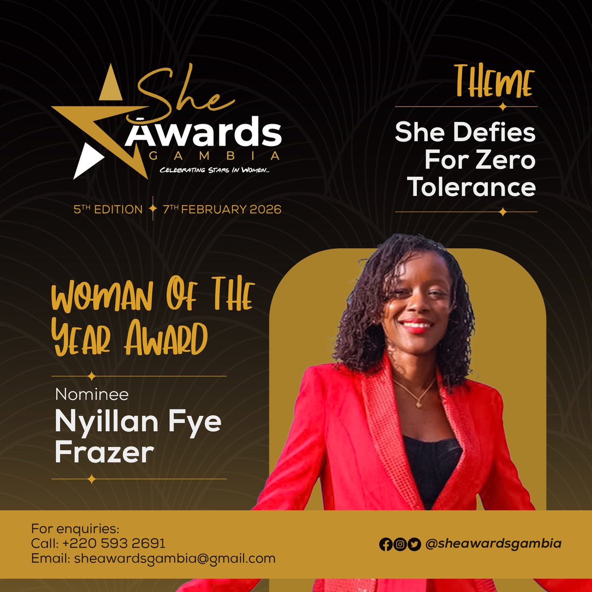SheAwardsGambia's tweet photo. ✨ Woman of the Year ✨
Meet the women who have broken barriers, inspired change, and redefined what’s possible. These nominees are leaders, visionaries, and trailblazers shaping the world today. 💪🏽
#SHEAwards220 #WomanOfTheYear #BreakingBarriers https://t.co/Y48XqIzetm