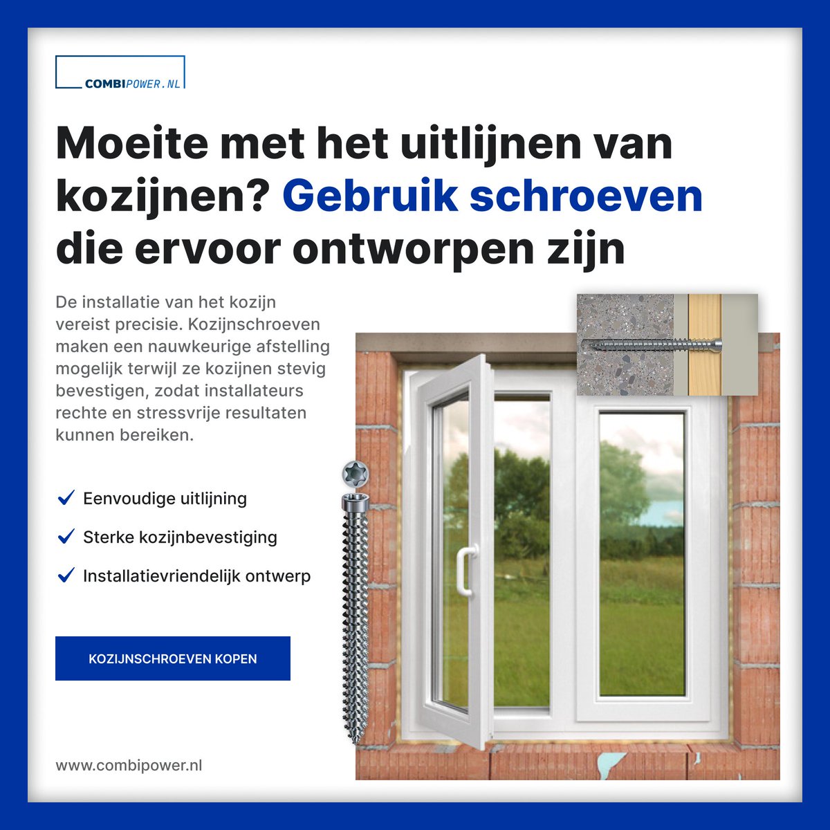 CombipowerBV's tweet photo. Heb je problemen met het uitlijnen van de kozijnen?

Gebruik kozijnschroeven die ontworpen zijn voor deze klus.

➡️Rechte installaties
➡️Veilige grip
➡️60-210 mm lengtes

Merken: Fischer, Spax, 4tecx, Qz

Koop je favoriet nu: https://t.co/FgSnhQcycO

#DoeHetZelf #bouw #Renovatie https://t.co/MeZqhGhNjk