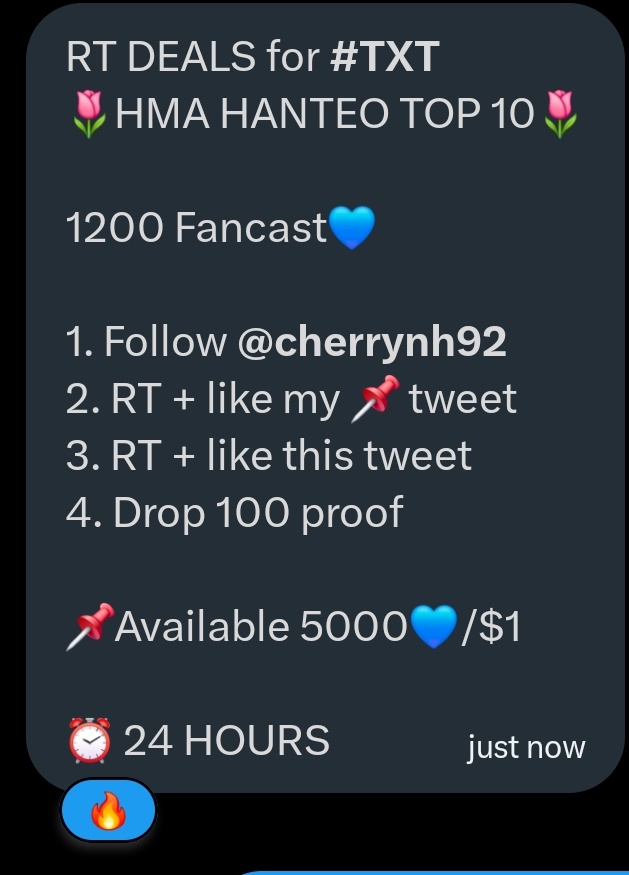 TXTempo304's tweet image. RT DEALS for #TXT
🌷HMA HANTEO TOP 10🌷

1200 Fancast💙

1. Follow @cherrynh92
2. RT + like my 📌 tweet
3. RT + like this tweet
4. Drop 100 proof

📌Available 5000💙/$1

⏰ 24 HOURS