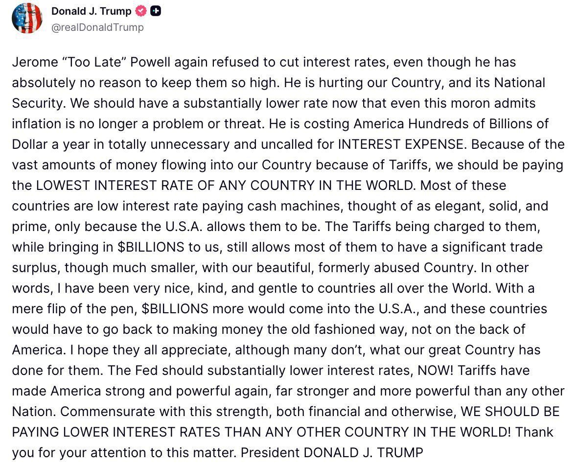 greybtc's tweet photo. President Trump criticized Federal Reserve Chair Jerome Powell once more, stating, "Jerome 'Too Late' Powell has again refused to lower interest rates." https://t.co/I2oNXBLesk