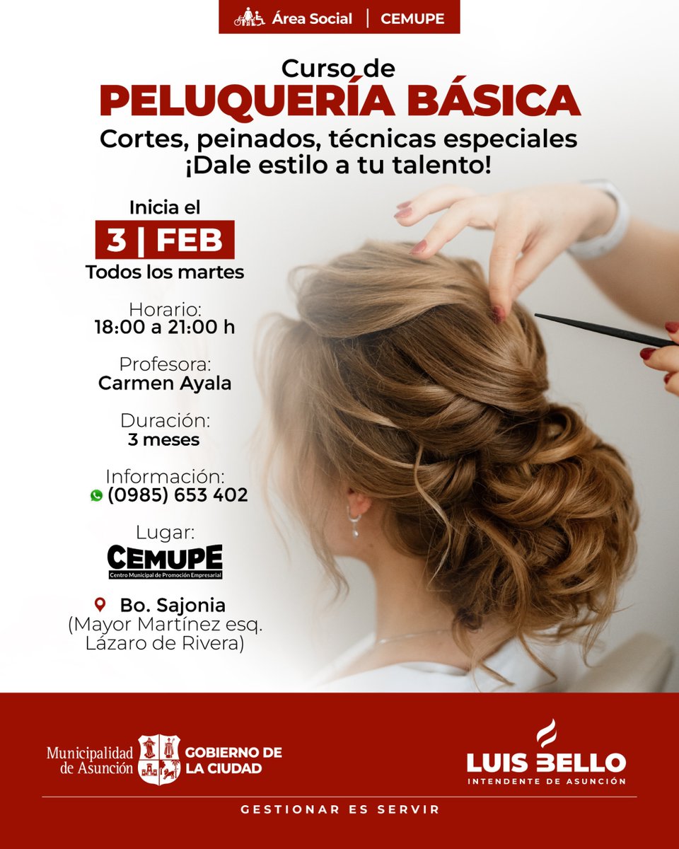cemupe_asu's tweet photo. Aprendé Peluquería Básica: cortes, peinados y técnicas especiales 💇‍♀️✨
📅 Inicia 3 de febrero | ⏰ Martes 18 a 21 h
📍 CEMUPE – Bo. Sajonia
📝 Inscripciones presenciales con cédula, lun a vie 07 a 17 h
📲 0985 653 402 https://t.co/IMqC0XdwSl