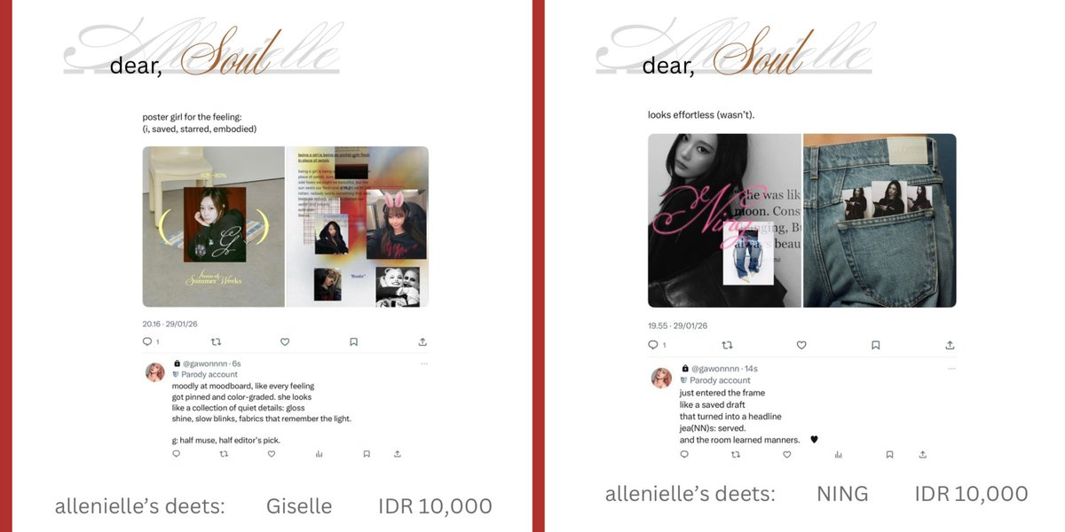 Soilenielle's tweet image. Title: Ms. NN &amp;amp; Giselle. ♥︎ 

2 Upchar ningning &amp;amp;&amp;amp; giselle ready-stock 

♥︎: ning &amp;amp; g (latest instagram updates) 
💰: on pics. 

Please help to repost, xx.

#zonauang  #zonajajan