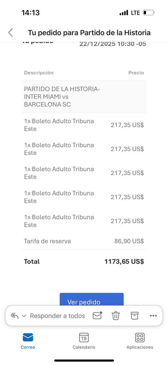 🚨RECLAMO PÚBLICO🚨 
Compré 5 entradas Tribuna Este para el Partido de la Historia (Inter Miami vs Barcelona SC) a USD 217,35 c/u (+ tarifas).
Hoy publican el MISMO sector a USD 90.
¿Premian al comprador temprano cobrando más del doble?<a href="/EmergenciasEc/">Emergencias Ec</a> <a href="/LaPosta_Ecu/">La Posta</a> <a href="/lahistoriaec/">LaHistoria</a>