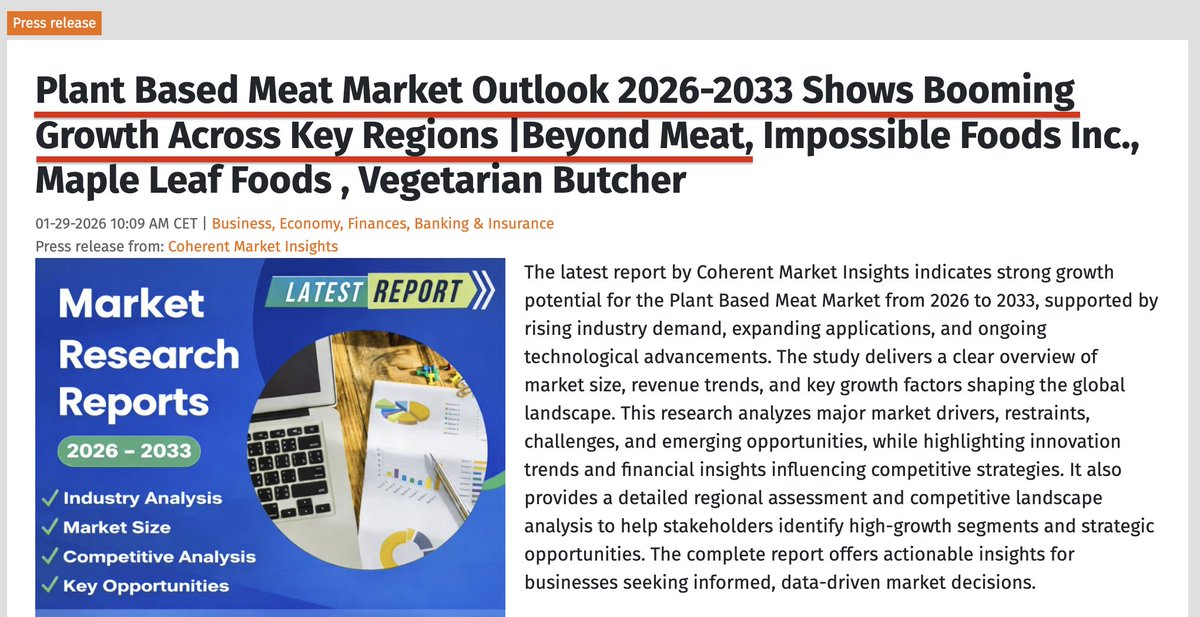 🚨 RESEARCH ALERT:

Plant-Based Meat market set to boom globally. 🌎

And $BYND is at the center of it. 🚀

The crowd is asleep in front of generational wealth being made. 😴

They will FOMO at the top and blame the market.