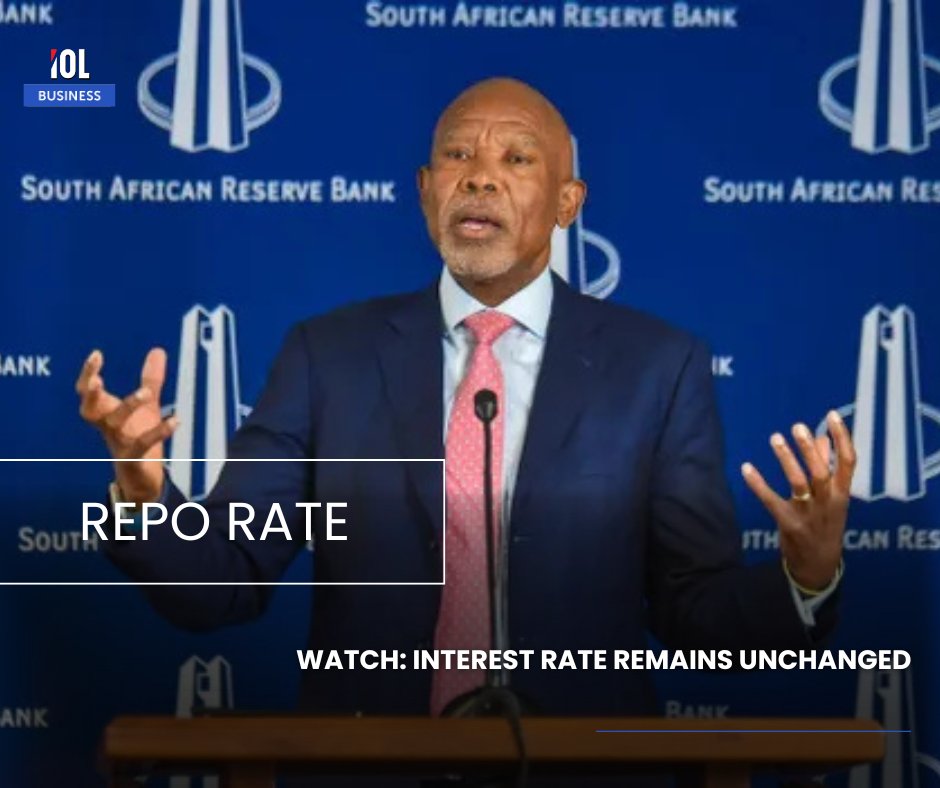 IOL's tweet image. The South African Reserve Bank has decided to keep the repo rate unchanged at 6.75%, sparking discussions on its impact on borrowing costs and the economy. 
#business #SARB #InterestRate #economy #SouthAfrica #financialnews
Read on tinyurl.com/hrvj348s