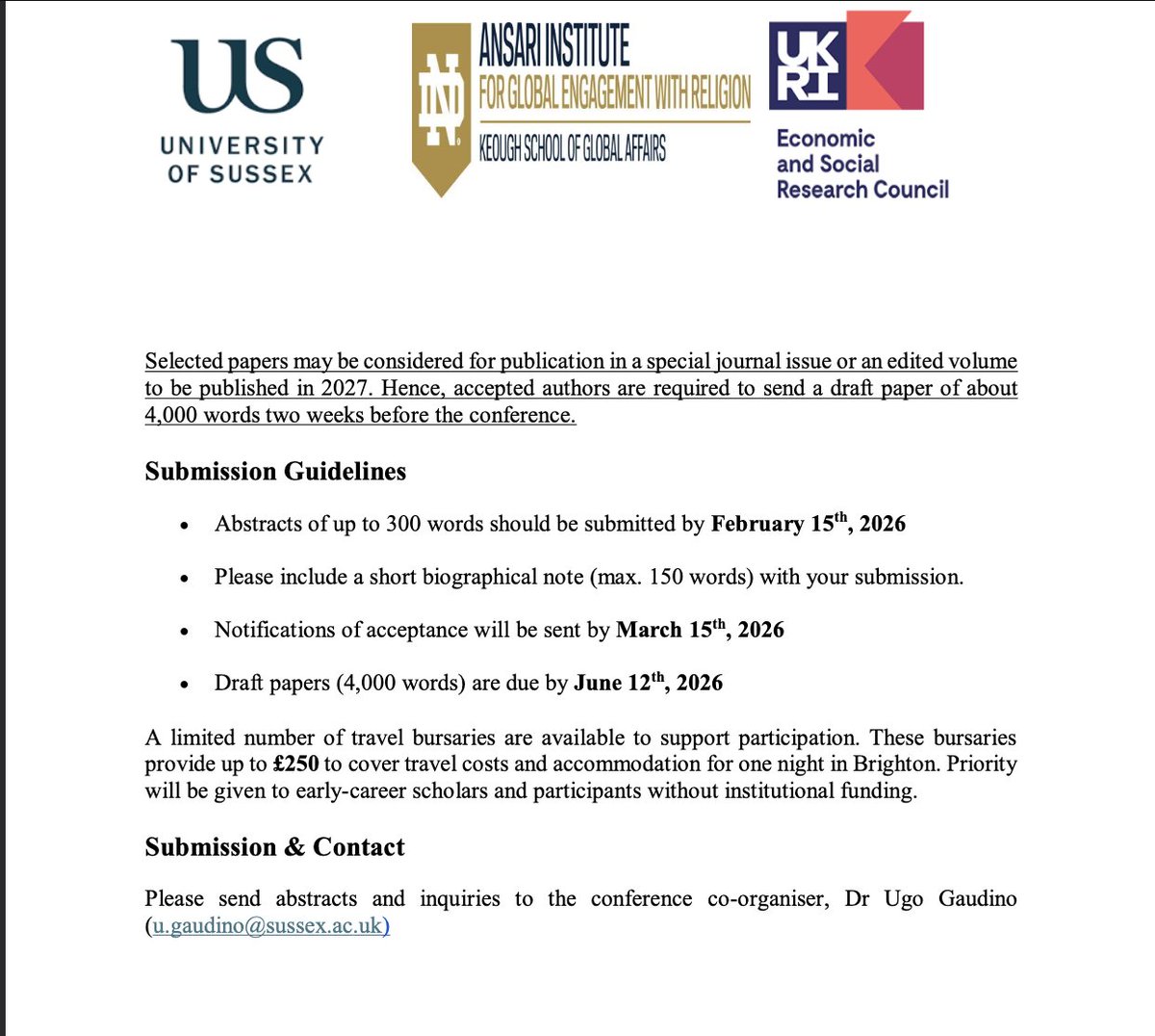 rel_ir's tweet photo. CfP for conference "The Ambivalence of the Sacred in the Age of  Polarization: From Religious Nationalism &amp; Civilizationism to  Interreligious Solidarity" at Univ. of Sussex, from 25-26 June 2026. Send abstracts/inquiries to Dr Ugo Gaudino  (u.gaudino@sussex.ac.uk) https://t.co/nPlONTwqHH