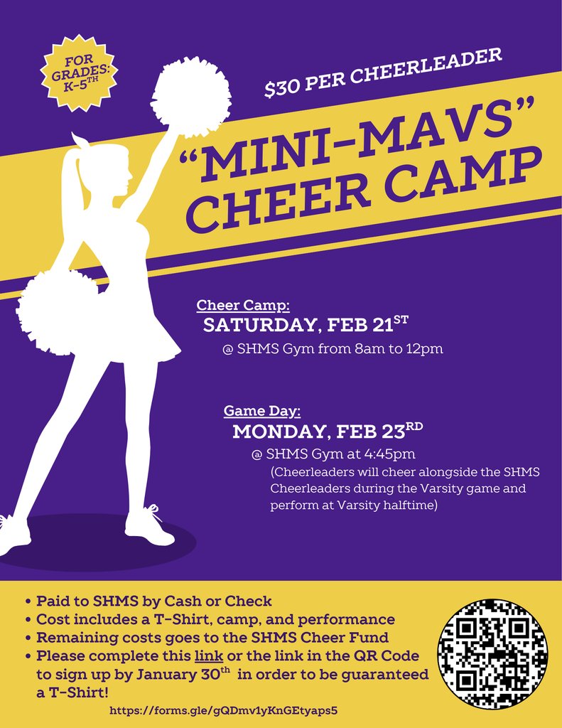 🎉 Mini-Mavs Cheer Camp! 🎉

Hey K-5th graders! Join the Maverick Cheerleaders for our Mini Cheer Camp on Saturday, February 21st from 8:00 AM – 12:00 PM at SHMS!