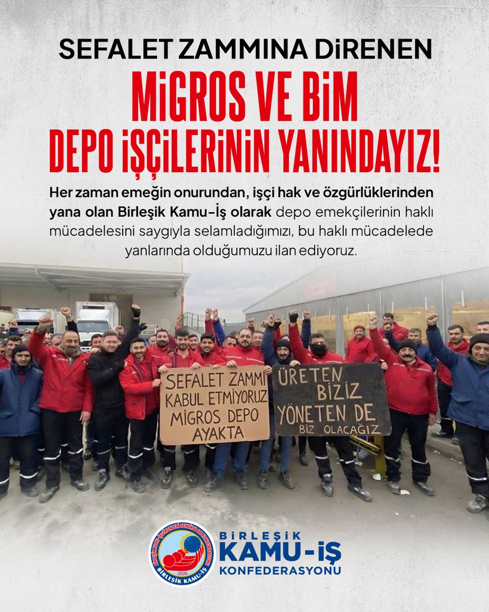 SERMAYENİN KASASINDA KÂR, DEPOSUNDA İNKAR VAR!
MİGROS VE BİM İŞÇİLERİNİN YANINDAYIZ!

Hükümetin işçi haklarını her yıl biraz daha tırpanlaması, işçi haklarını gasp ederek kârını katlayan şirketlerin bu gasp nedeniyle denetime bile uğramaması, sermayenin daha da zalim ve