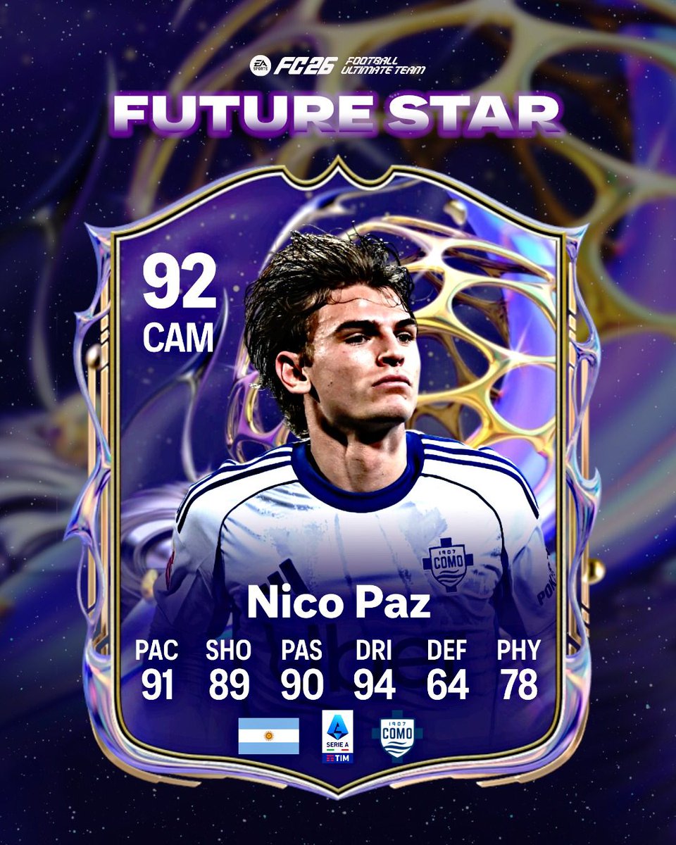 🇦🇷NICO PAZ FUTURE STAR🇦🇷

Nos acercamos a Febrero y comienza Future Stars⭐️, una de las mejores promos del año.

Que jugador te gustaría ver a ti?🤔

🖌 <a href="/vanfifa_fut/">UPC VanFut</a>
