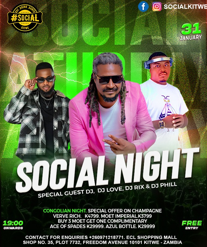 This Friday: SOCIAL NIGHT goes Congolian! 🥂
🔥 Buy 3 Moët, Get 1 Complimentary
🔥 Ace of Spades &amp; Azul @ K29999
🆓 FREE ENTRY