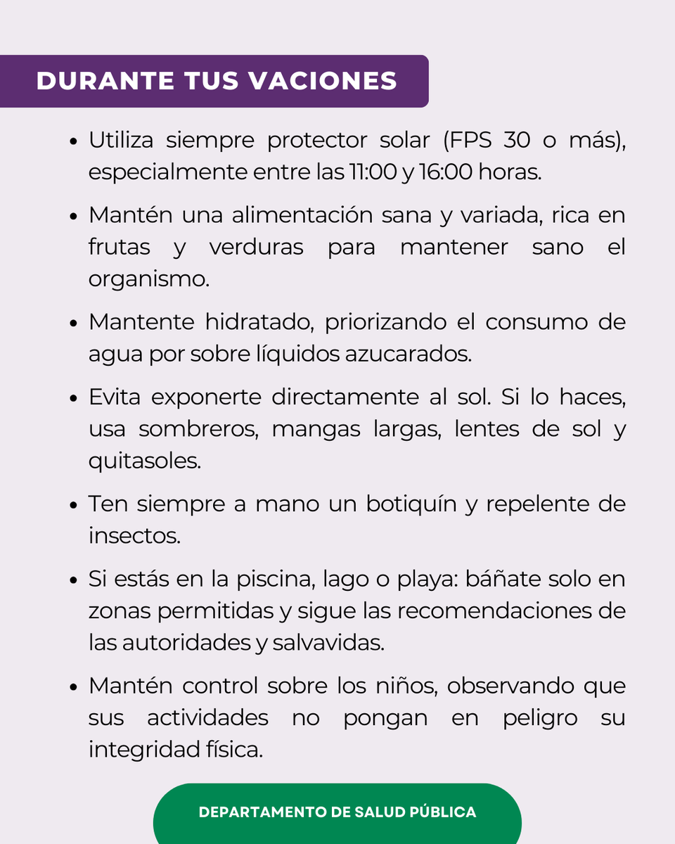 La Dirección de Salud de Carabineros en conjunto con los profesionales de la Dirección de Sanidad, entregan las siguientes recomendaciones para pasar unas buenas vacaciones y activar el cuidado personal y familiar.
La Dirección de Salud de Carabineros. #TeCuida