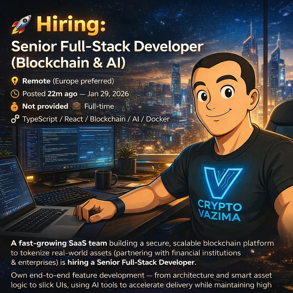 🚀 Hiring: Senior Full-Stack Developer (Blockchain + AI) — Remote Europe  preferred 📍 Remote (Europe pref) | 💼 Full-time | 🧑‍💻 TypeScript / React  / Blockchain / Docker | 💰 Not provided |