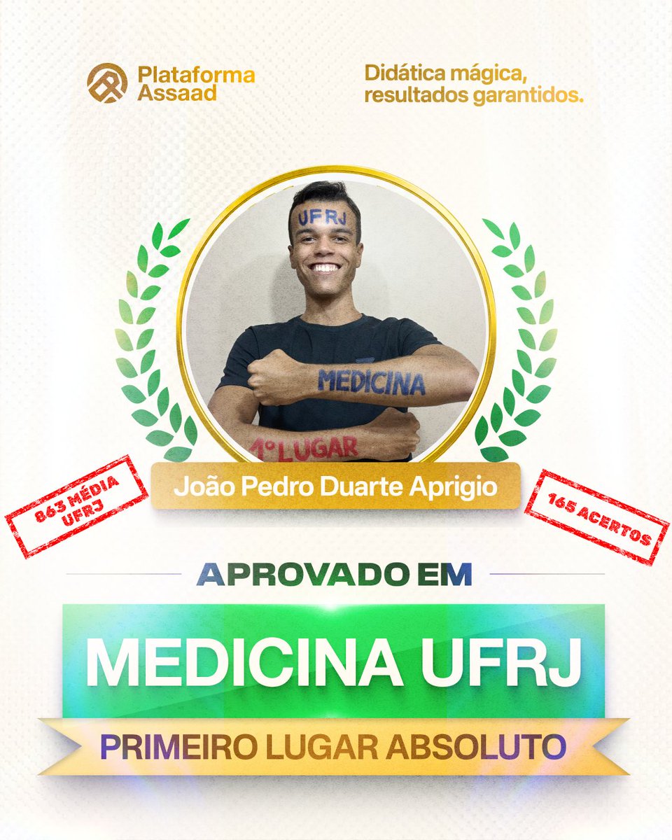 PedroAssaad's tweet image. PRIMEIRO LUGAR GERAL DA MEDICINA UFRJ É ALUNO FIEL DA PLATAFORMA ASSAAD. RESPEITA.

Passou o ano inteiro aqui conosco, inclusive trabalhou na Plataforma. Construiu essa aprovação aqui! 

Plataforma Assaad, nesse ano, calou a boca de todo mundo que duvidava. Quantidade e qualidade…