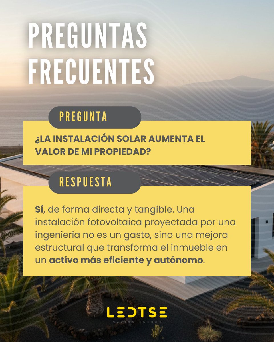 En LEDTSE, entendemos que cada panel instalado es una mejora estructural. Un inmueble capaz de generar su propia energía es un activo más independiente, sostenible y, por tanto, más valioso.

👉 Solicita tu estudio personalizado gratis en ledtse.com/placas-solares…