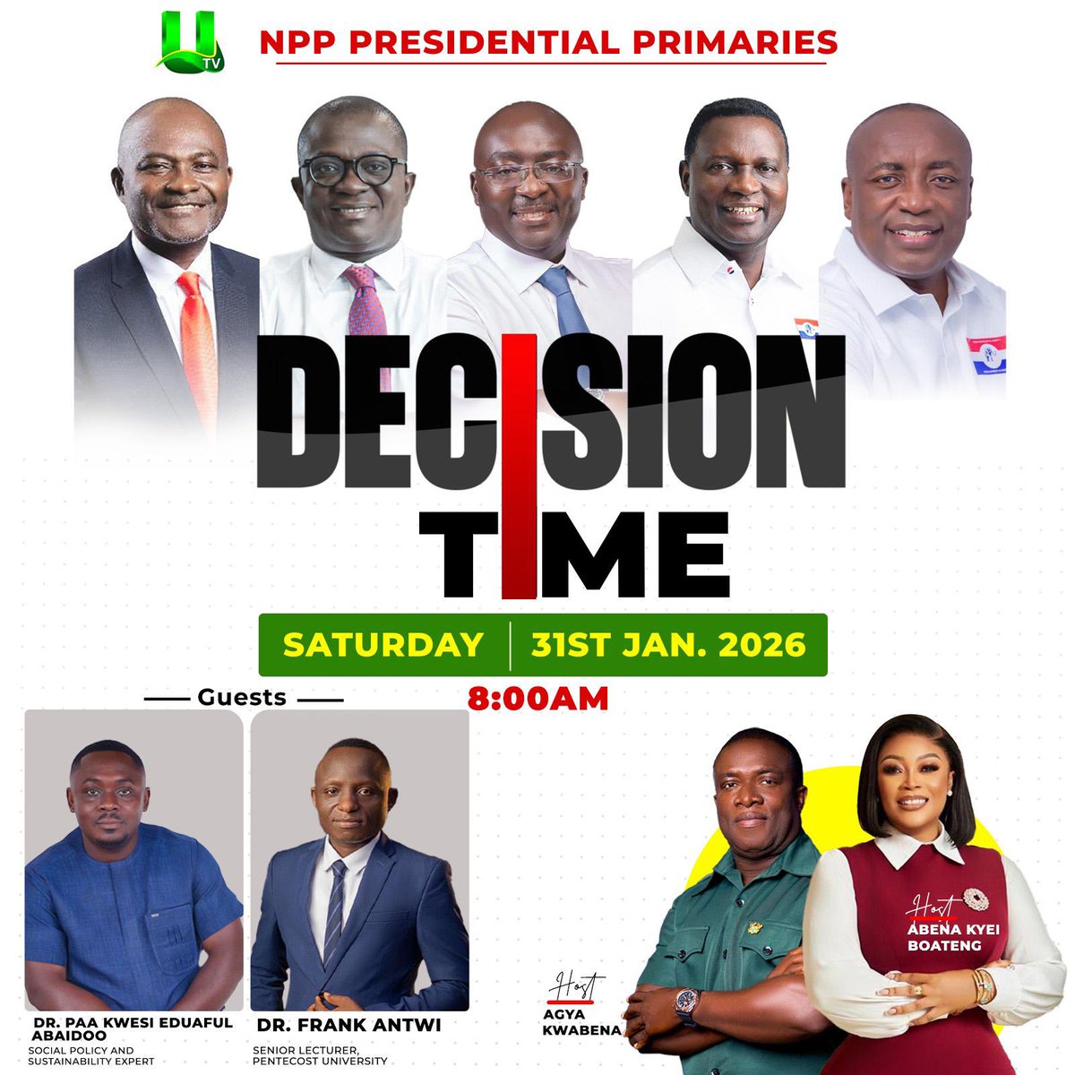 utvghana's tweet image. #DecisionTime: Don’t miss our in-depth live coverage of the NPP’s presidential primaries this Saturday.

#UTVGhana