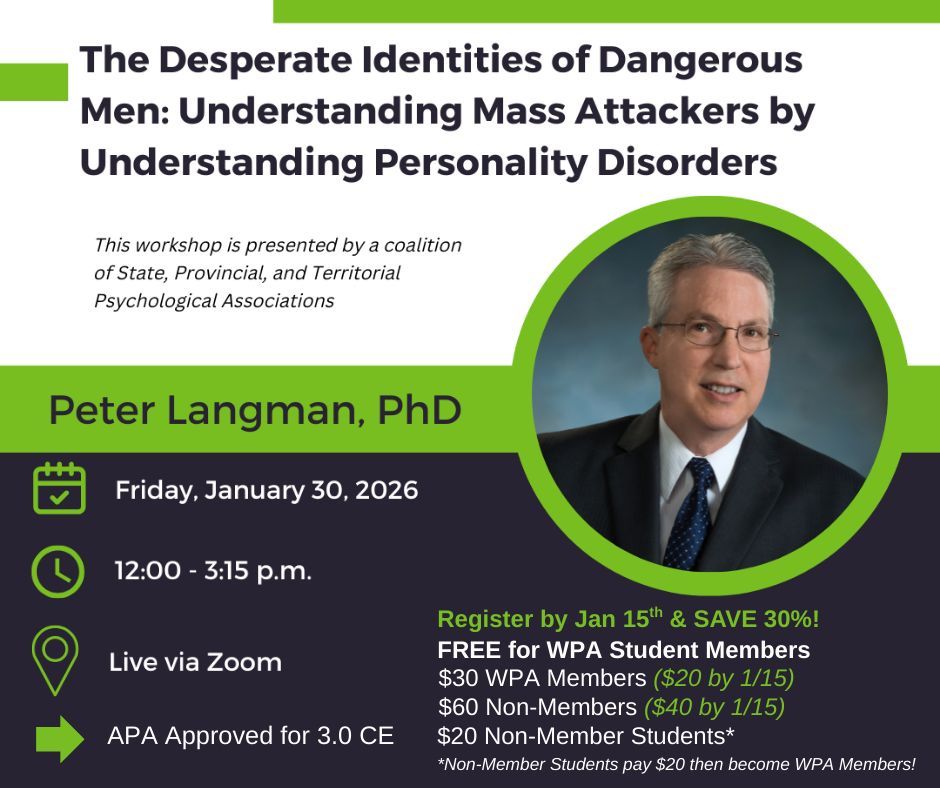 Interested in The Desperate Identities of Dangerous Men: Understanding Mass Attackers by Understanding Personality Disorders? 3.0 CE webinar *TOMORROW* Friday, Jan 30th, 12-3:15 pm: shorturl.at/EnLJH 
WiPsychAssoc • <a href="/WisconsinPsych1/">Wisconsin Psychological Association</a> • wipsychology.org