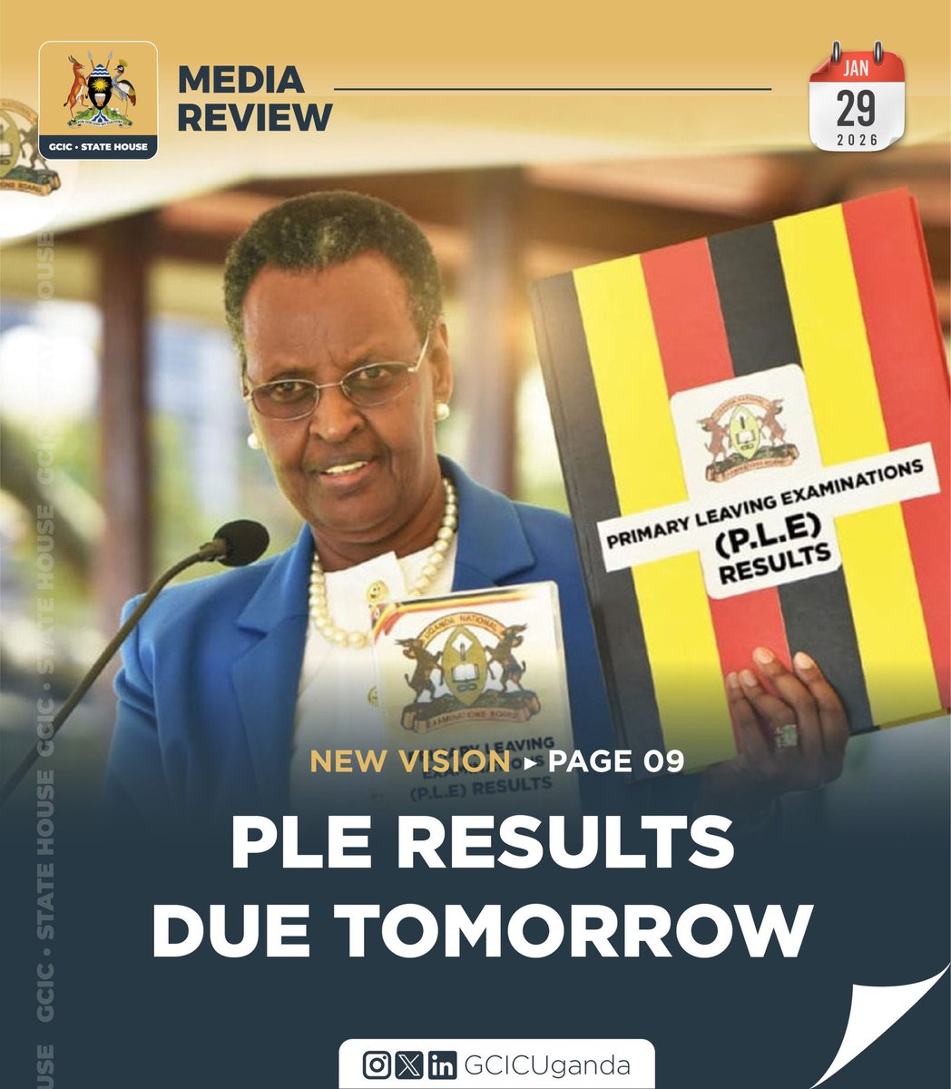 NEWS: The Uganda National Examinations Board (UNEB) will release the 2025 Primary Leaving Examination (PLE) results tomorrow, January 30, 2024, at 11:00 am at State House, Nakasero. The results will be announced by the Minister of Education and Sports, <a href="/JanetMuseveni/">Janet K Museveni</a>.