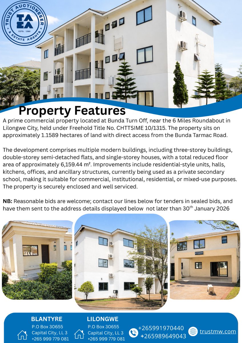 TrustAuction's tweet photo. Property for Sale by Tender in lilongwe⚠️
Contact the numbers on the flyer for more enquiries. All reasonable bids are welcome. Send the sealed bids to the addresses below. 
#propertysale #Auctioneers #valuers #estateagents https://t.co/F5f4aMylAn