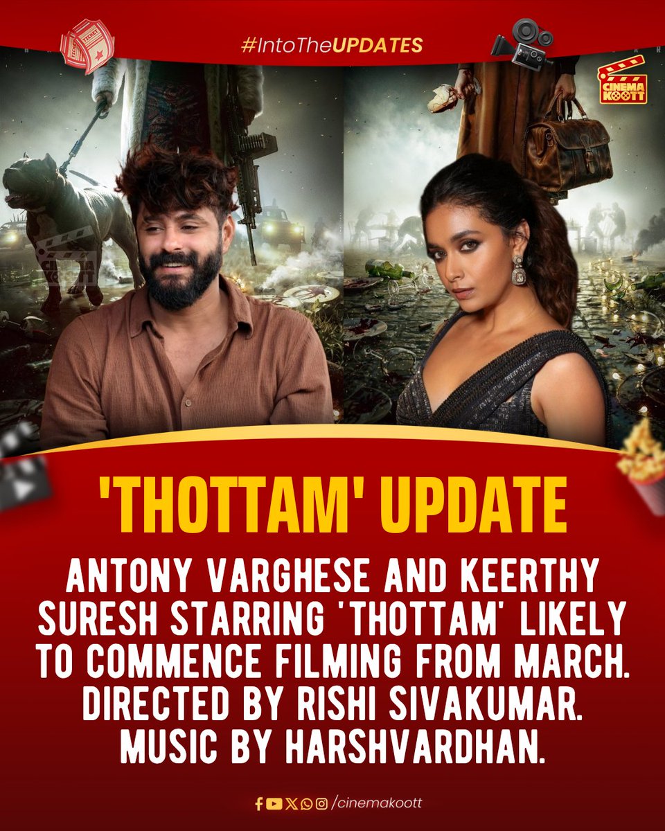 cinemakoott's tweet photo. #Thottam : Begins in March
#AntonyVarghese, #KeerthiSuresh, Rishi Sivakumar, Harshvardhan
_
#intotheupdates #cinemakoott https://t.co/YRltiFYERn