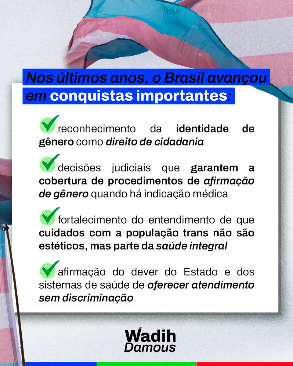 wadih_damous's tweet photo. 🏳️‍⚧️ Direito à saúde é direito humano e isso inclui respeito à identidade e à dignidade das pessoas trans.

Neste 29/01, reafirmo o compromisso com uma regulação da saúde suplementar baseada em direitos, ciência e cuidado.

Mais direitos, mais cuidado, mais humanidade. https://t.co/MxwkwlLM1D