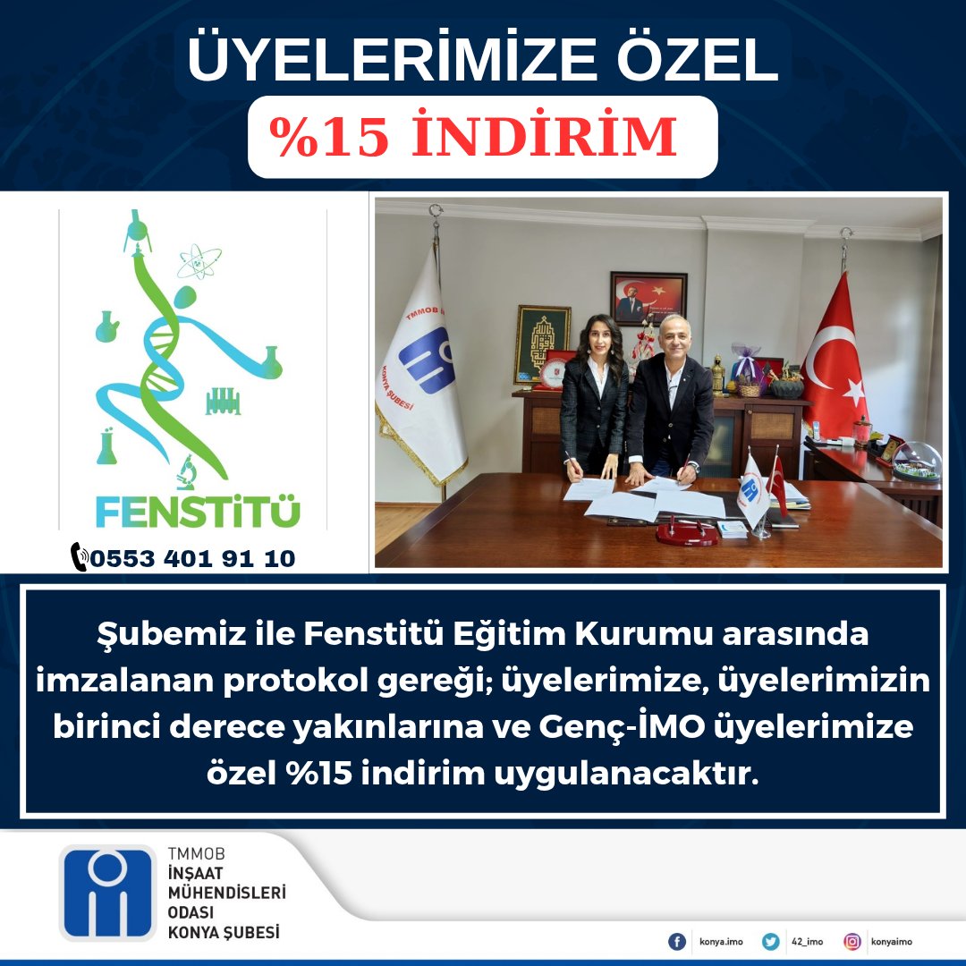 Şubemiz ile Fenstitü Eğitim Kurumu arasında imzalanan protokol gereği; üyelerimize, üyelerimizin birinci derece yakınlarına ve Genç-İMO üyelerimize özel %15 indirim uygulanacaktır.

#ÜyelerimizeÖzelİndirim