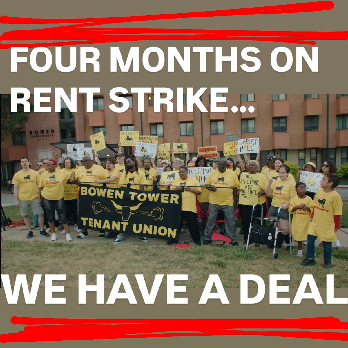 KCTenants's tweet photo. RENT STRIKE WIN

Yesterday, four months into their rent strike– the first in Raytown, MO history– Bowen Tower Tenant Union signed an agreement with their landlord. The agreement satisfies key demands and allows the union to de-escalate the strike by Feb 1. https://t.co/48pkHMfcfj
