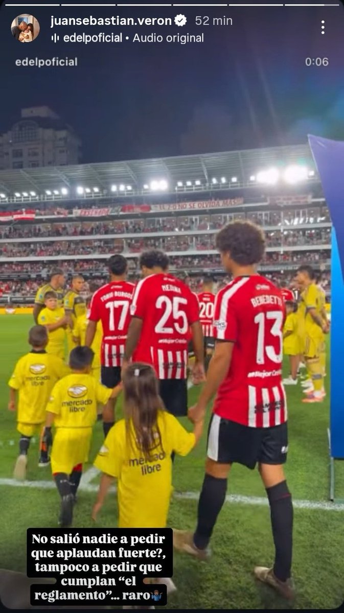 #EDLP | Juan Sebastian Verón vía Instagram: "¿No salió nadie a pedir que aplaudan fuerte? ¿Tampoco a pedir que cumplan el "reglamento"? Raro".

🔥 Picante.