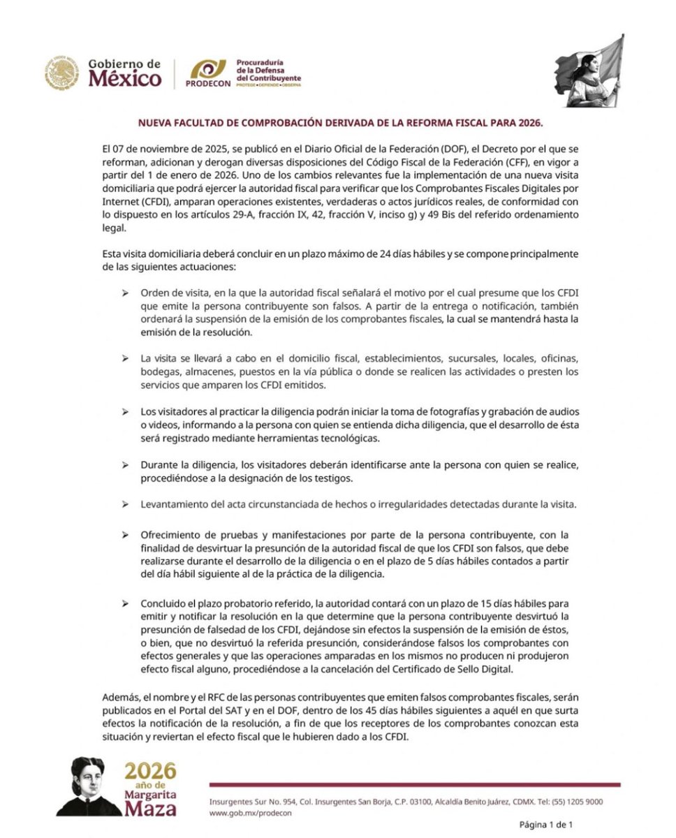 🚨Atención contribuyentes🚨

A partir de 2026, el SAT tiene nueva arma contra facturas falsas (CFDI apócrifos): visita domiciliaria exprés (art. 49 Bis CFF.

- Si el SAT presume que tus CFDI no amparan operaciones reales ordenará visita con suspensión inmediata de emisión de
