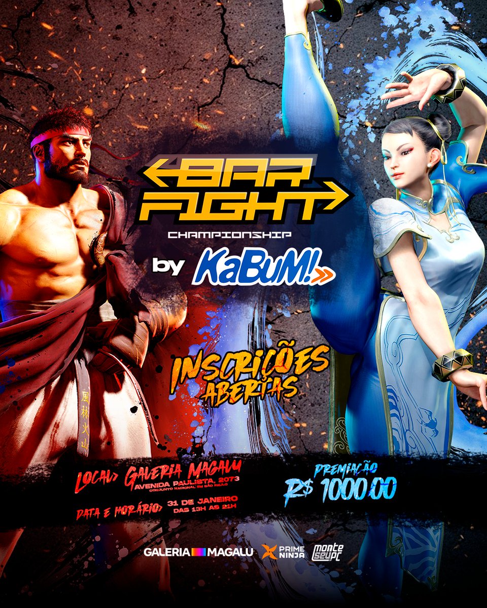 🚨🚨ALERTA DE OFFLINE🚨🚨
Esse sábado tem Bar Fight by Kabum na galeria Magalu!
Já corre e se inscreve!!!!
📍  Local: Av. Paulista, 2073 - Conjunto Nacional
📅Data: 31/01/2026
🕖Horário: 13:00
🏆Premiação: R$ 1.000,00
Mais detalhes em:
start.gg/bfkb