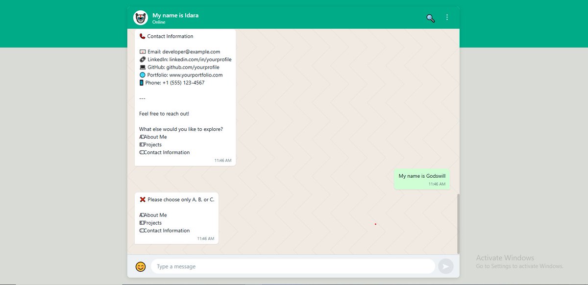 Idara_etimm's tweet photo. 🧪Trial #2 – Tech Stack Breakdown
Behind the scenes of my WhatsApp Portfolio Bot 🤖👇
📦 Structured JSON responses
The goal is simple:
💬Chat →📄 Portfolio → 🚀Opportunity
#BuildInPublic #JavaScript #NodeJS #APIs #BotDevelopment #TechTwitter #Developers #Connectivity26 ⚡🤖 https://t.co/0LH2vk6yf2