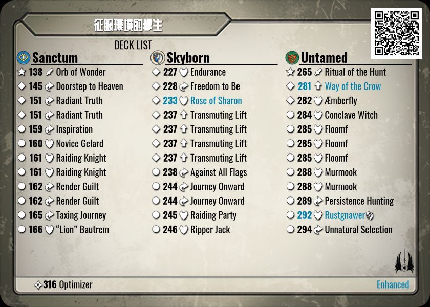 A deck with 4 copies of Transmuting Lift has been found!
                
征服環境的學生

keyforgegame.com/deck-details/0…

#keyforge #collectorworm