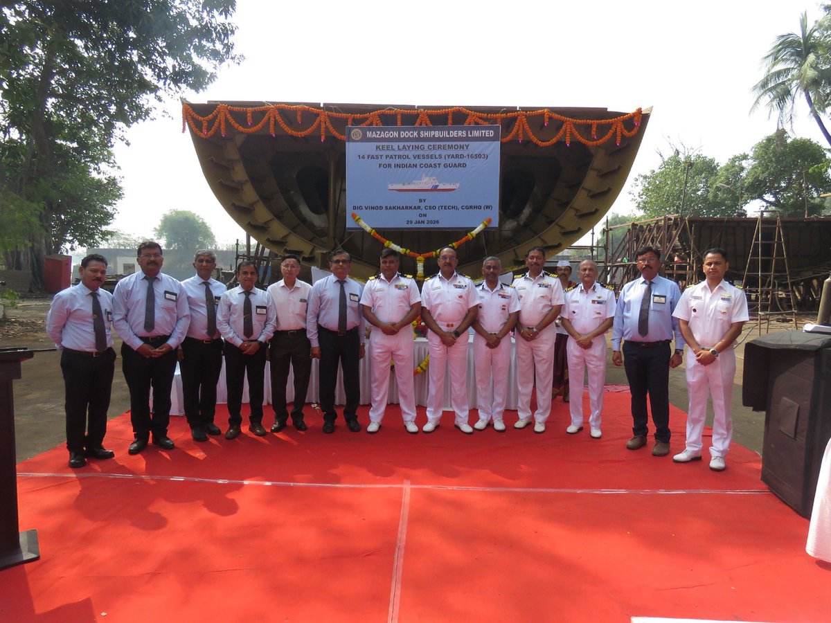 IndiaCoastGuard's tweet photo. The Keel Laying Ceremony of the 3rd and Plate Cutting Ceremony of the 6th Fast Patrol Vessels #FPVs under the 14 #FPV project of @IndiaCoastGuard were held today at #RitchieDryDock, @MazagonDockLtd. With over 60% indigenous content and AI-enabled systems, these state-of-the-art vessels will significantly enhance coastal security and operational reach, reinforcing #AtmanirbharBharat and the #ICG’s presence in the #IndianOceanRegion.