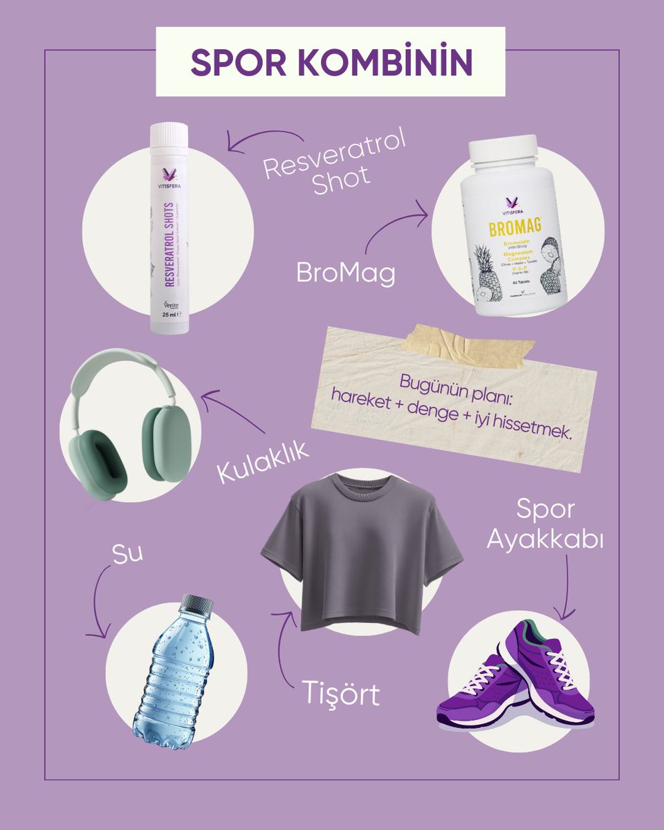 Vitisfera_tr's tweet photo. Spor kombinin hazır mı? 🎒💜
Günlük rutinine hareketi, su tüketimini ve dengeli beslenmeyi eklemek iyi bir alışkanlık.
Resveratrol Shot ve BroMag gibi takviyeler ise aktif yaşam tarzını desteklemek isteyenler için pratik birer seçenek olabilir. https://t.co/VEo2rnExGo