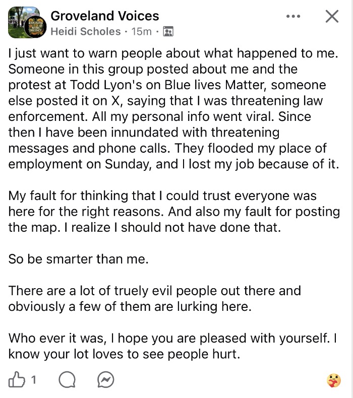 bluelivesmtr's tweet image. MAJOR update: The woman who DOXED the ICE Director and his family has LOST HER JOB!  Turns out the tables were turned on her and now she BIG MAD.

She made the announcement privately on a local community group and is upset that people dimed her out.  So of course this was brought…