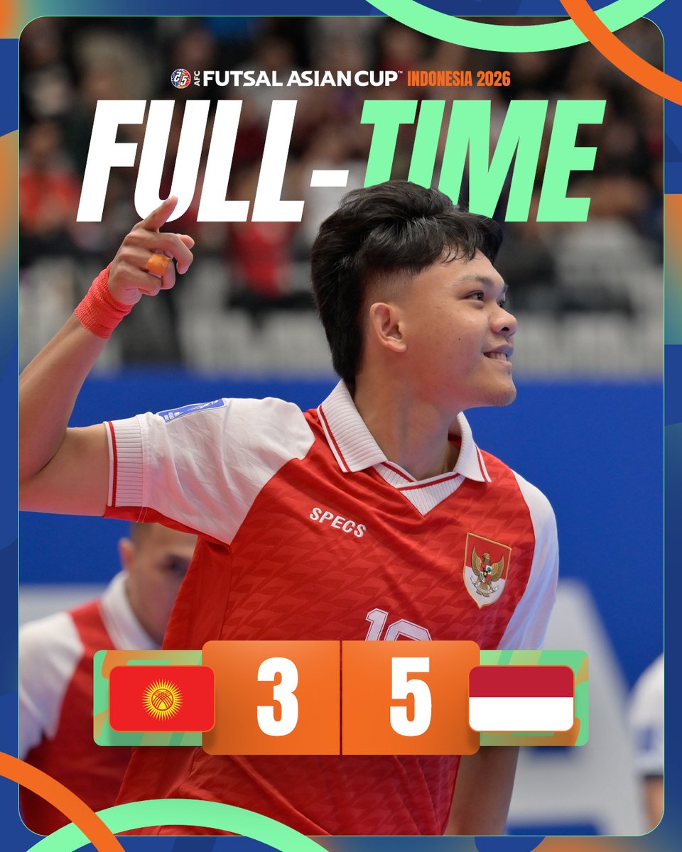 afcasiancup's tweet photo. 𝗙𝗧 | 🇰🇬 Kyrgyz Republic 3️⃣-5️⃣ Indonesia 🇮🇩

Dreamy journey continues. The hosts book their place in the quarter-finals after a pulsating battle in Group A!

#ACFutsal2026 | #KGZvIDN https://t.co/kLZZQbaAM8