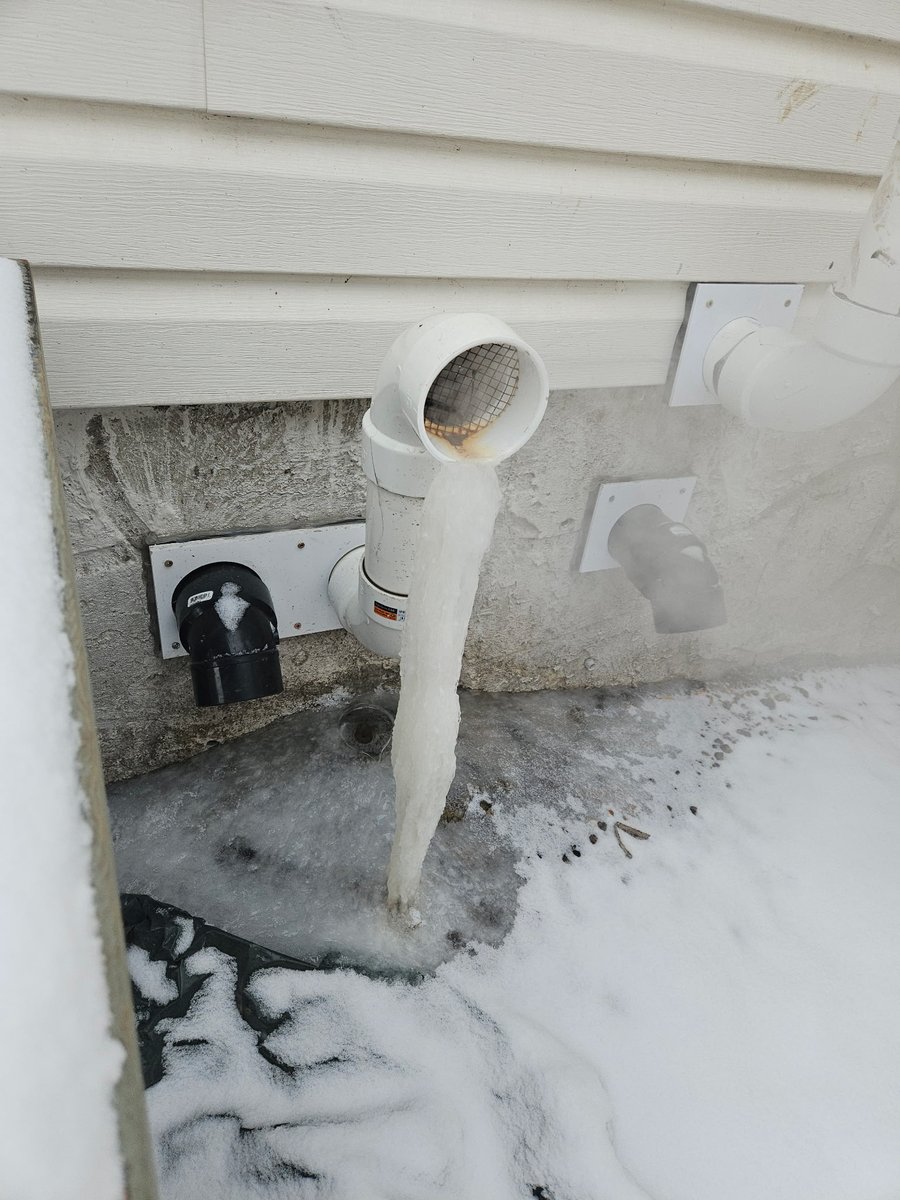 IntegraInspect's tweet photo. With our extreme cold lately, now is a good time to do a walk around the exterior of your home and check for problems. Condensation can freeze at furnace vents and they may become blocked. Knock these off before they obstruct the vent and become a bigger problem. #yycre https://t.co/cnzJc0DygA