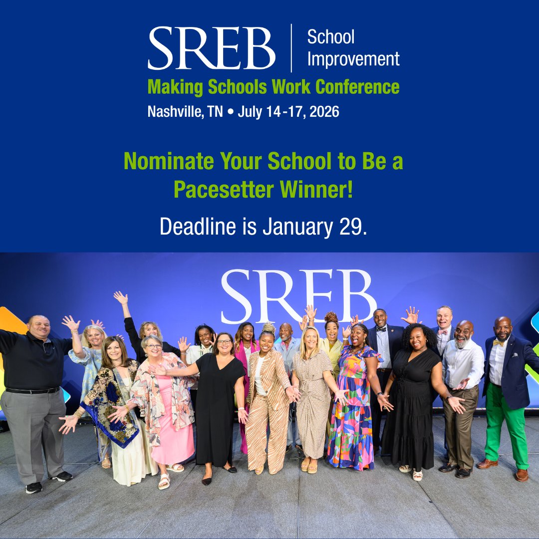 srebeducation's tweet image. Today is the last day to nominate your school for a Pacesetter School Award: sreb.org/nominate-paces…

Show off your hard work in Nashville from July 14-17!

#PacesetterSchools #SchoolRecognition #K12Education #SchoolImprovement #EducationExcellence #MakingSchoolsWork