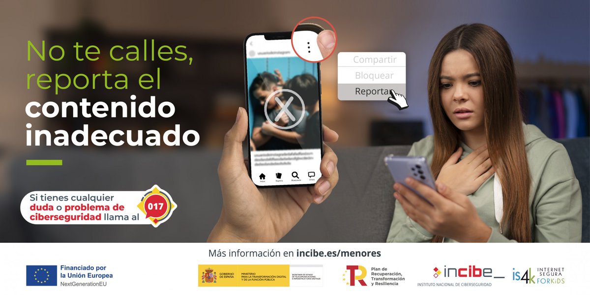 ¡No te calles📢, reporta el contenido inadecuado 👾! 

Como adultos tenemos que proteger a los #menores 🧒👧 del contenido peligroso. Usa controles parentales para mantener un entorno digital seguro 🔒.

🔗 incibe.es/menores/recurs…

#NoTeCalles #SeguridadDigital