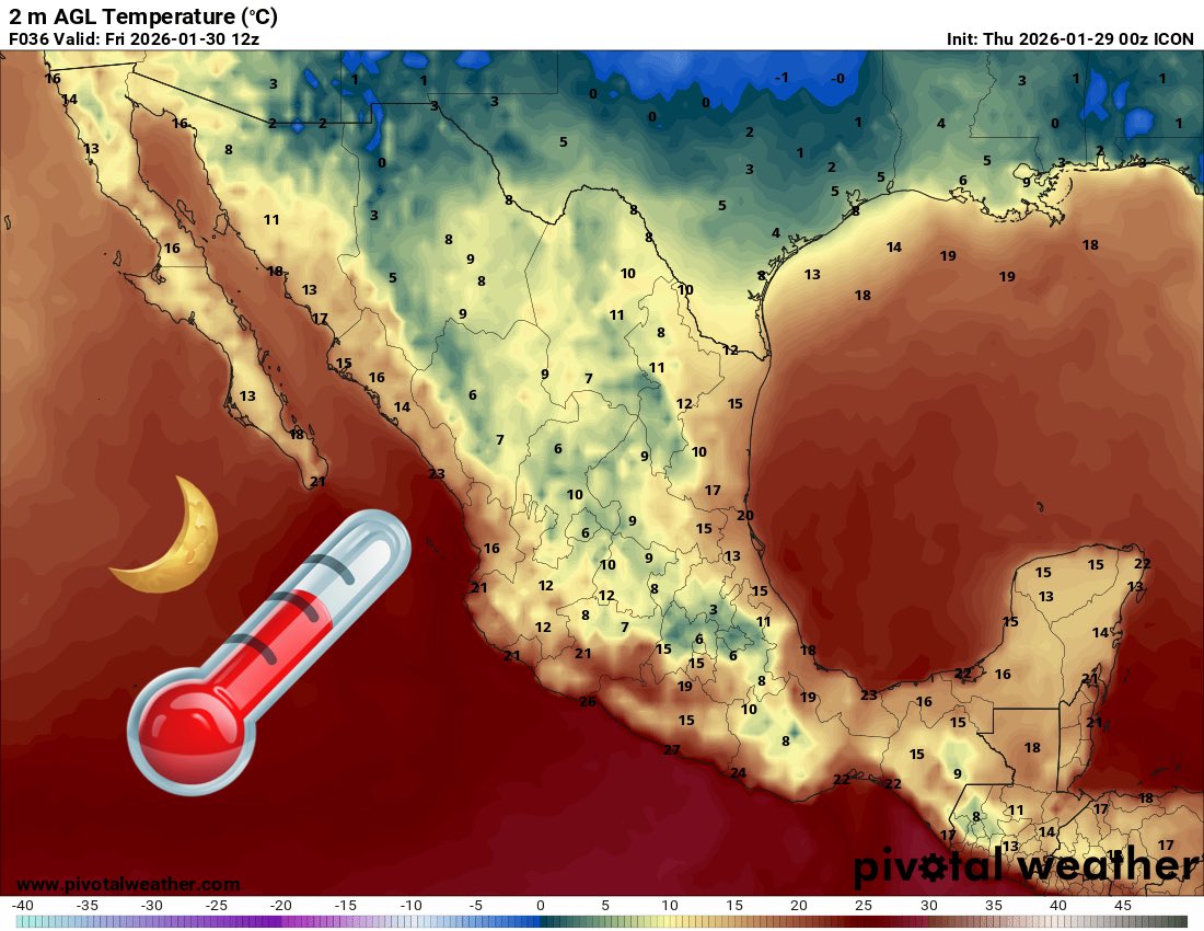 InfoMeteoro's tweet photo. 🚨PRONÓSTICO jueves 29/ene/2026

“Tiempo estable con aumento de temperaturas de ambiente más templado y periodos de Sol/nubes”

⚠️MAÑANA LLEGA #AireÁrtico⚠️

🌡️AMBIENTE DIURNO☀️
😌10-20ºC norte
😌20-25ºC noroeste, noreste, centro, oriente
😅25-30ºC occidente, sureste
🥵30-39ºC Pacífico

🌡️AMBIENTE NOCTURNO🌙
🟣-15 a 0ºC montañas y valles altos
🥶0 a 10ºC norte, noreste, centro, oriente
😌10-20ºC noroeste, sureste
😅>20ºC Pacífico

🌦️LLUVIAS AISLADAS
-Tamps, Mich, Gro, Oax, Ver, Tab, Chis, Yuc, montañas del centro