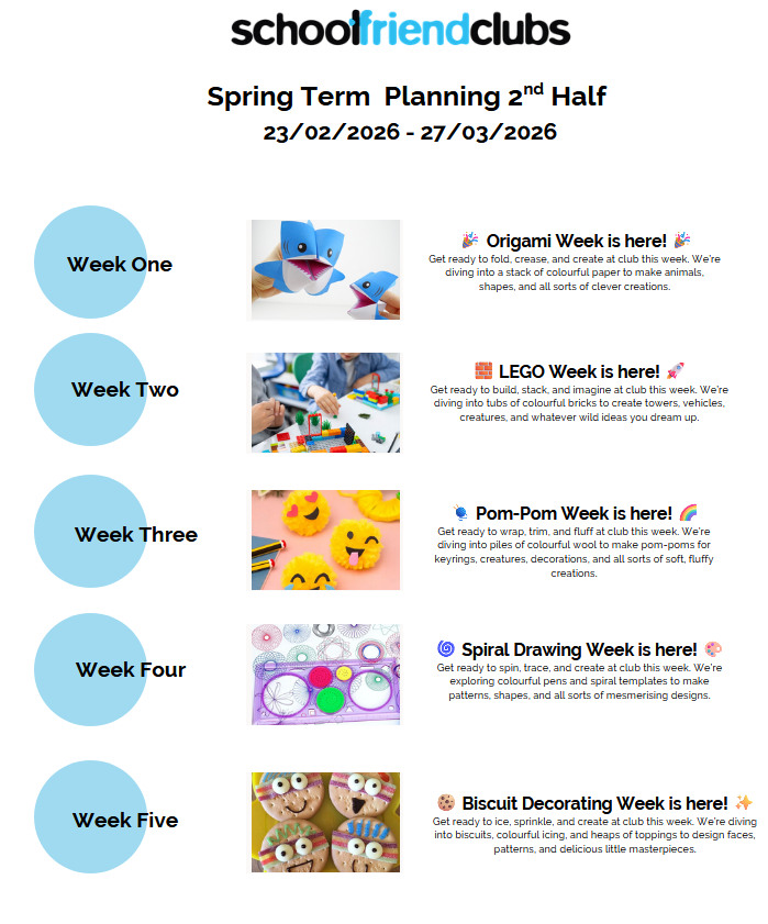 New planning for next term  and it’s going to be a good one! ✨
We’ve got a brilliant mix lined up: origami 🦢, Lego builds 🧱, pom‑pom making 🎀, spiral art 🌀, and biscuit decorating 🍪.
Can’t wait to see the creativity (and the crumbs) flying