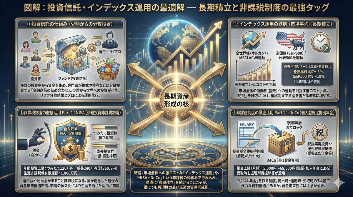 【お金の知識10】
ぶっちゃけ、新NISAやiDeCoって「なんとなく難しそう」で止まってる人が多すぎる。

でも、資産形成の正解はこれ1枚に詰まってる。

①投資信託でプロに任せて分散
②米国株or全世界株を淡々と積立
③新NISAの神制度を使い倒す
④iDeCoで節税しながら老後対策