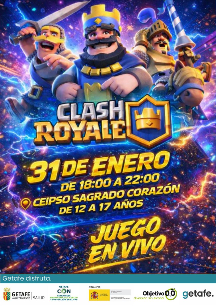 ¡Atención, gamers! 👑🏰 Prepárense para la batalla definitiva en a tu rollo sportS. Este sábado llega Clash Royale en vivo.
📍 CEIPSO Sagrado Corazón 
📅 31 de enero 
🕕 18:00 a 22:00 h 
👥 De 12 a 17 años
¡Demuestra quién manda en la arena!
<a href="/getafejoven/">GETAFE JOVEN</a>
<a href="/aytogetafe/">Ayuntamiento Getafe</a>
